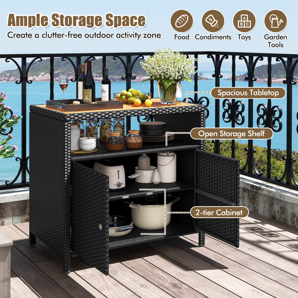 Latitude Run® Patio Storage Cabinet With Acacia Wood Countertop Open Shelf 2 Door Cabinet